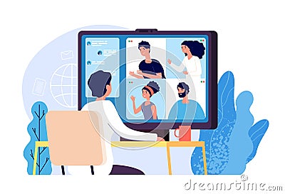 Video conference. People group on computer screen taking with colleague. Video conferencing and online communication Vector Illustration