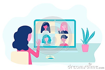 Video conference. People group on computer screen talking, virtual meeting. Online communication vector concept in flat design Vector Illustration