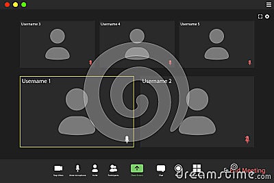 Video conference user interface. Video call screen interface template. Application for social communication. five users. Stock Photo