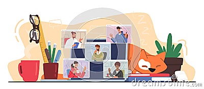 Video Conference, Webcam Teleconference with Coworkers by Computer. Business Characters Speak with Remote Colleagues Vector Illustration
