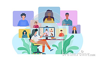 Video conference. Woman at desk provides collective virtual chat. Online business meeting working team webinar with Vector Illustration