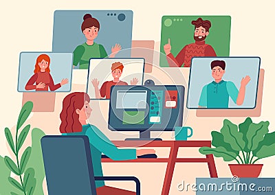 Video conference. Woman at home chatting with friends on computer screen, online communication with coworkers, video Vector Illustration