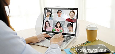 Video conference, Work from home, Asian business team making video call by virtual web, Group of asia team online Stock Photo