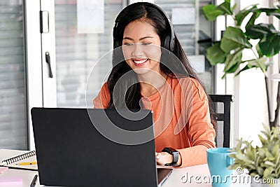 Video conference, Work from home, Asian woman making video call to business team with virtual web, Contacting asia colleagues Stock Photo