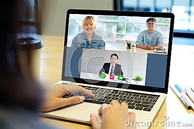 Video conference, Work from home, Brainstorm planing teamwork, Asian business team making video call by virtual web, Group of asia Stock Photo