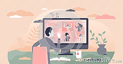 Video conferencing vector illustration. Conversation tiny persons concept. Vector Illustration