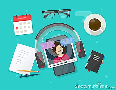 Video content creating online on work desk table or watching video tutorial on mobile phone or smartphone vector flat Vector Illustration