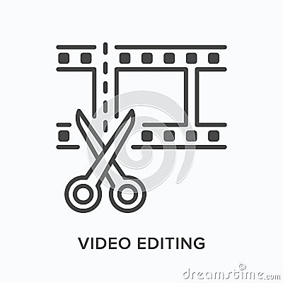 Video edit flat line icon. Vector outline illustration of movie film with scissors. Animation montage thin linear Vector Illustration