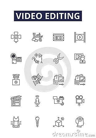 Video editing line vector icons and signs. videos, clip, trim, assemble, capture, render, distort, motion outline vector Vector Illustration