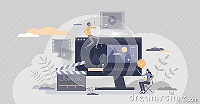 Video editing and movie digital production and adjusting tiny person concept Vector Illustration