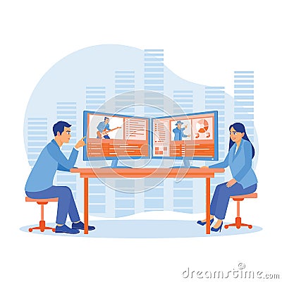 Video editor discussing at the computer with client using post-production software and two monitors. Vector Illustration