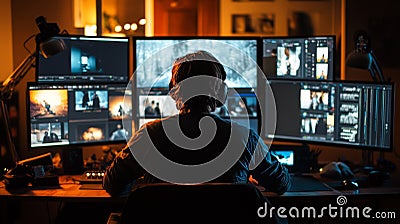 Video Editor Working on Multi-Screen Setup in Studio Stock Photo