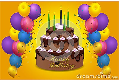 Style happy birthday cake and kindle and golden text with wish balloons Vector Illustration