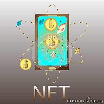 Nft non fungible token golden text effects with ethereum shape on mobile shape Vector Illustration