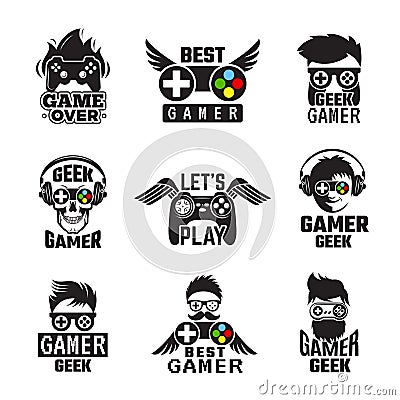 Video game badges. Joystick console controller for gaming geek vector labels Vector Illustration