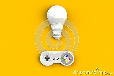 Video game console GamePad. Gaming concept. Top view retro joystick with light bulb isolated on yellow background Stock Photo