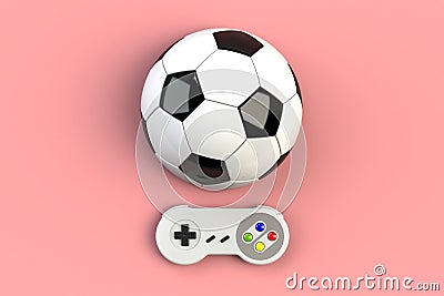 Video game console GamePad. Gaming concept. Top view retro joystick with soccer ball isolated on pink background Stock Photo