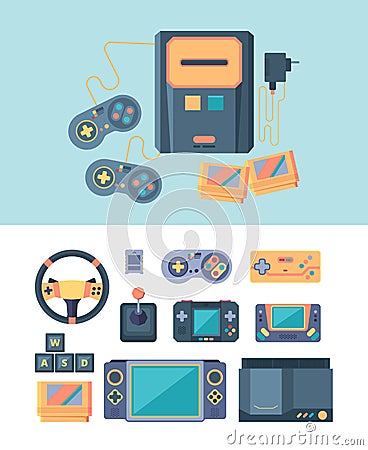 Video game console. joystick gamepad cartridge wheel different controllers for retro computer items for gamers. vector Vector Illustration