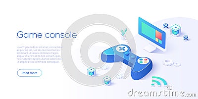 Video game controller and smart tv in isometric vector illustration. Television set with videogame console joystick connected via Vector Illustration