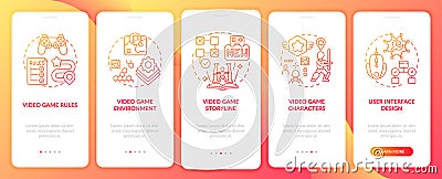 Video game design components onboarding mobile app page screen with concepts Cartoon Illustration