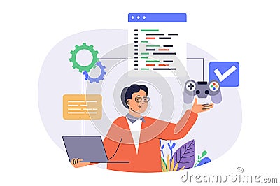 Video game developer web concept with flat cartoon people for website design. Man creating new game project, programming Vector Illustration