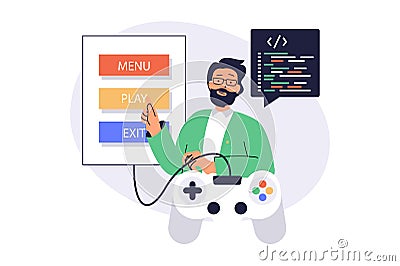 Video game developer web concept with flat cartoon people for website design. Man programming and coding at game project Cartoon Illustration