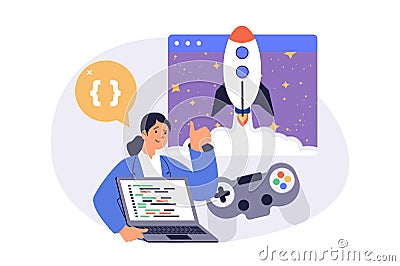 Video game developer web concept with flat cartoon people for website design. Woman programming and coding at startup Cartoon Illustration