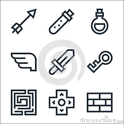 video game elements line icons. linear set. quality vector line set such as bricks, arrows, labyrinth, password, sword, wings, Vector Illustration