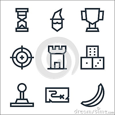 Video game elements line icons. linear set. quality vector line set such as banana, map, joystick, dice, tower, target, cup, Vector Illustration
