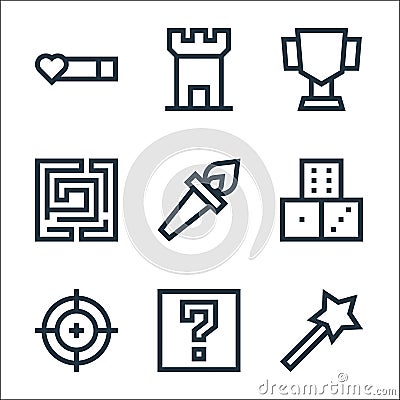 video game elements line icons. linear set. quality vector line set such as magic wand, mystery, target, dice, torch, labyrinth, Vector Illustration