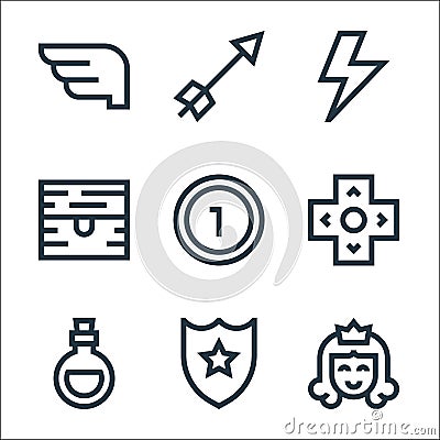 video game elements line icons. linear set. quality vector line set such as princess, shield, love potion, arrows, coin, chest, Vector Illustration