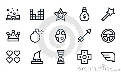 Video game elements line icons. linear set. quality vector line set such as wings, hourglass, lives, arrows, witch hat, crown, Vector Illustration