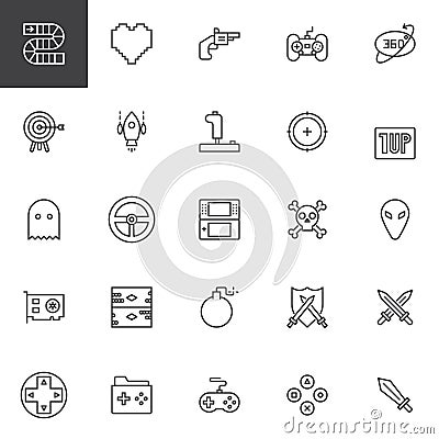 Video game elements outline icons set Vector Illustration