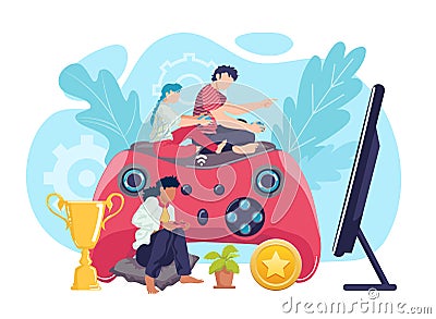 Video game entertainment with joystick, vector illustration. Boy girl child gamer at flat home play with console Vector Illustration