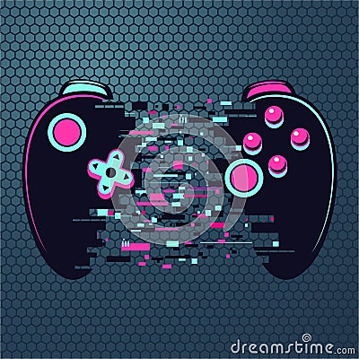 Video game gamepad with glitch effect. Cyberpunk style illustration. Virtual reality concept. Cyber sport online Vector Illustration