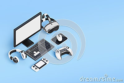 Video game isometric 3d web banner. Streamer workplace with desktop computer, joystick gamepad, console, vr glasses Cartoon Illustration