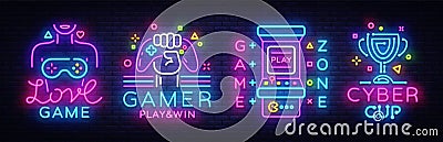 Video Game neon sign collection vector. Conceptual Logos, Love Game, Gamer logo, Game Zone, Cyber sport Emblem in Modern Vector Illustration