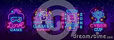 Video Game neon sign collection vector. Conceptual Logos, Love Game, Gamer logo, Game Zone, Cyber sport Emblem in Modern Vector Illustration