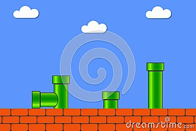 Video game in old style. Retro display background for game with bricks and pipe or tube. Vector. Vector Illustration