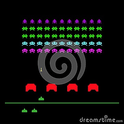 Video game with space, invaders, aliens. Retro style computer game template. Vector Illustration Vector Illustration