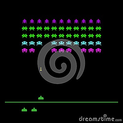 Video game with space, invaders, aliens. Retro style computer game template. Vector Illustration Vector Illustration