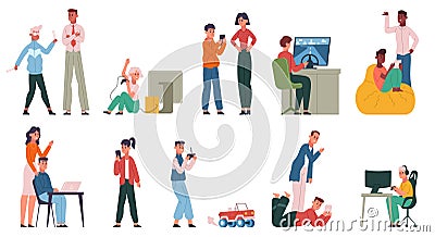 Video games addiction, kids or teenagers gamers with angry disgruntled parents. Video game addiction family quarrel Vector Illustration