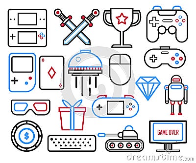 Video games console with joystick controllers and toys linear icons Vector Illustration