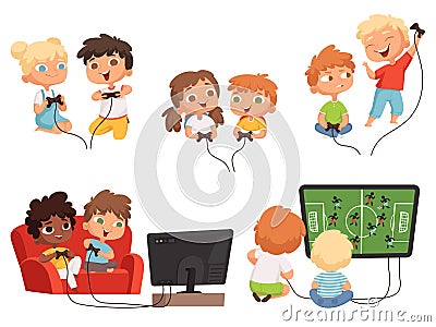 Video games kids. Console gaming children playing together with joystick controllers home television fun vector Vector Illustration