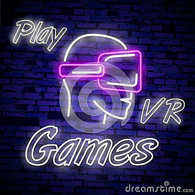 Video Games logos collection neon sign Vector design template. Conceptual Vr games, Retro Game night logo in neon style, gamepad i Stock Photo
