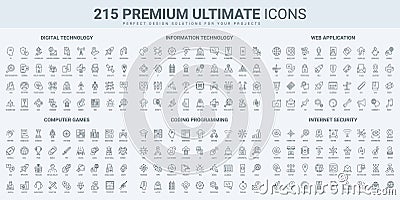 Video games, software code development, cloud technology thin black line icons set Vector Illustration