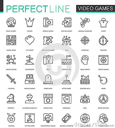 Video games thin line web icons set. Mobile game app interface Outline stroke icons design. Vector Illustration