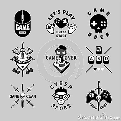 Video games vintage vector emblem set. Retro style gaming signs. T-shirts prints for gamers. Black and white tattoo. Vector Illustration