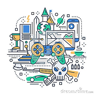 Video Gaming - line design composition Vector Illustration