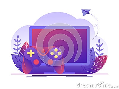 Video gaming, online games. Computer screen and gamepad. Flat concept vector illustration for web page, banner, presentation. Cartoon Illustration